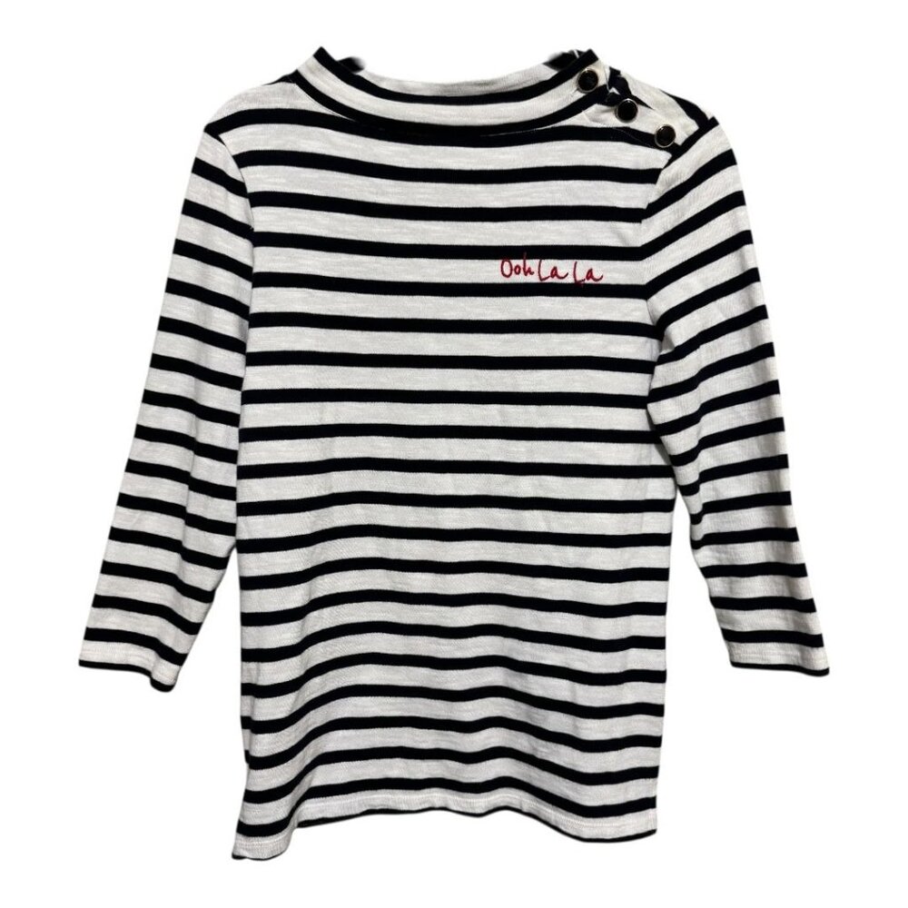 Talbots Ooh La La French Embroidered Striped Top T-Shirt Black White Mockneck XS